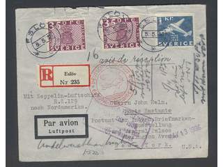 Sweden. Facit 252, 257 on cover, Zeppelin registered cover sent to New York from ESLÖV …