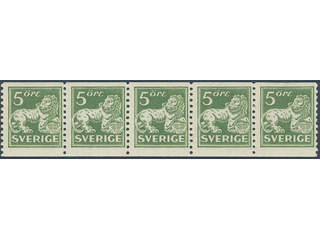 Sweden. Facit 143Acz ★★/★ , 5 öre green, type II with inverted wmk lines + KPV in strip …