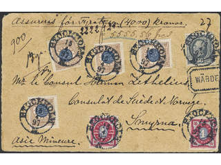 Sweden. Facit 49d, 59b, 64d on cover, 1 Krona brown/dark blue in four examples, 50 öre …