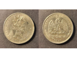 Mexico 1 peso 1871 Mo M, AU lätt rengjord