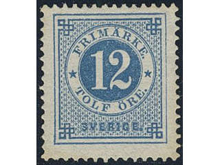 Sweden. Facit 32 ★, 12 öre blue. One slightly short perf.