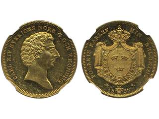 Coins, Sweden. Karl XIV Johan, SM 1, 4 dukater 1837. Graded by NGC as MS61 (only one …