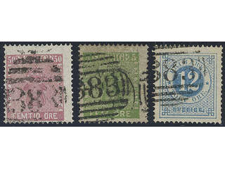 Sweden. Facit 7, 12, 21. Three copies with British cancellation "383" Hull.