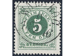 Sweden. Facit 19g used , 5 öre dark green, smooth print. Superb cancellation WALSKOG …