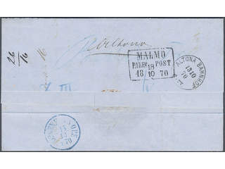 Sweden. M county. MALMÖ PAKET POST 18.10.1870, rectangular postmark. Transit mark on …