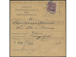 Sweden. Facit 162 cover , 60 öre type I, single usage, on money order with return …