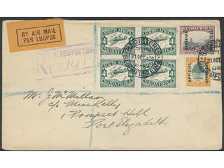 South Africa. Two covers sent to England 1929 by air mail. One 4d with short "I" in "AIR …