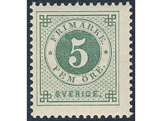 Sweden. Facit 43d ★★, 5 öre dark green on yellowish paper. Very fresh and beautiful. …