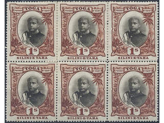 Tonga. SG 50, 50a ★★/★, 1897 1s block of 6. One stamp with missing hyphen in "E" in …