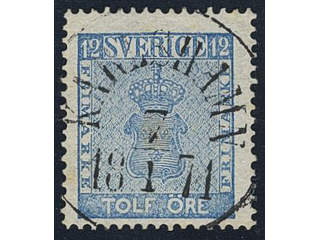 Sweden. Facit 9d3 used , 12 öre light blue, perforation of 1865. EXCELLENT cancellation …