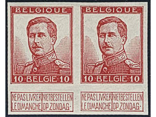 Belgium. Michel 100 II ★★ , 1913 10 c rose imperf in pair. Fully gummed (proof is …