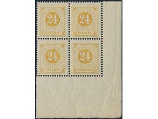 Sweden. Facit 34 ★★, 24 öre yellow in fresh corner sheet block of four. SEK 7500