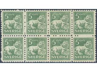 Sweden. Facit 140Ccx ★★ , 5 öre green, type I, perf on four sides with wm lines in block …