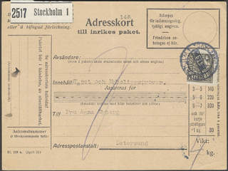 Sweden. Facit 155 on cover, 140 öre on address card for parcel sent from STOCKHOLM 1 …