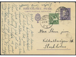 Sweden. Postal stationery, Double postcard, Facit bKd25, 143E, Reply part 10 öre …