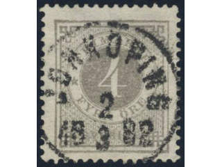 Sweden. Facit 29b used, 4 öre grey-light grey. EXCELLENT cancellation JÖNKÖPING 2.3.1882.