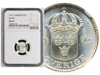 Coins, Sweden. Gustav V, MIS I.21, 25 öre 1941. Beautiful, lustrous specimen. Tied …