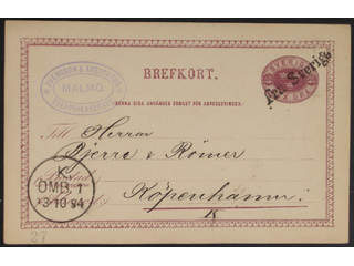 Sweden. Facit bKe6. DENMARK. Danish cancellations FRA SVEIGE and K.OMB.1 13.10.1884 on …