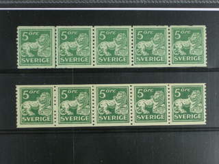 Sweden. Facit 143Aa ★★ , 5 öre green, type II in two very fine–superb strips of five. (2).