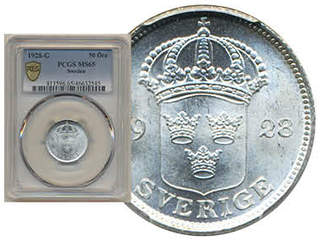 Coins, Sweden. Gustav V, MIS 1.7, 50 öre 1928. Graded by PCGS as MS65. SM 80. 0.