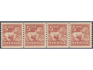 Sweden. Facit 142Aa ★★ , 5 öre brown-red, type II in very fine strip of four.