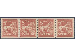 Sweden. Facit 142Aa ★★ , 5 öre brown-red, type II in very fine strip of four.