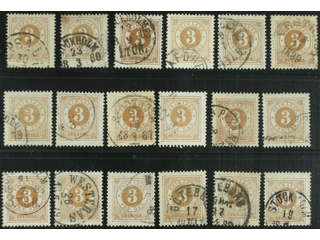Sweden. Facit 28 used , 3 öre brown, eighteen used copies. Shades, varieties, …