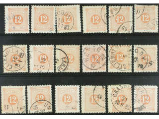 Sweden. Postage due Facit L5 used , 12 öre red, perf 14, eighteen used copies. Shades, …