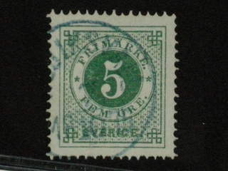Sweden. Facit 19h used, 5 öre matt blåaktigt grön, oren färg. Vackert ex med blå …