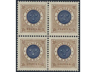 Sweden. Facit 49d ★, 1 Krona brown/dark blue in block of four. Very fine–superb. SEK 4500