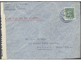 Sweden. Facit 166 cover , 85 öre on censored Air mail cover sent from STOCKHOLM 1 8.7.41 …