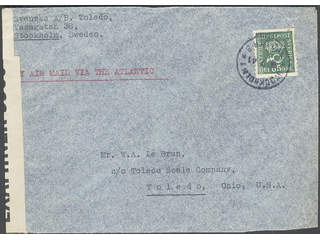 Sweden. Facit 166 cover , 85 öre on censored Air mail cover sent from STOCKHOLM 1 8.7.41 …