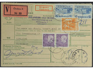 Sweden. Facit 332A, 422, 597A cover , 2x30+70 öre + 2x5 kr on address card for urgent …