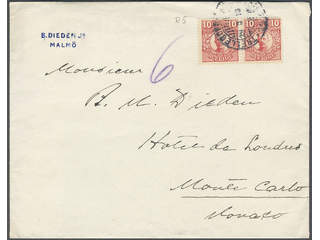 Sweden. Facit 82 cover, 2×10 öre on cover sent from TRELLEBORG-SASSNITZ 142 29.8.13 to …