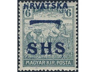 Yugoslavia. Michel 69 ★★, 1916 SHS overprint 6 f green-blue with heavy misplaced …