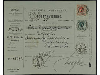 Sweden. Facit 43, 46 cover , 5+20 öre on beautiful money order with coupon sent from …