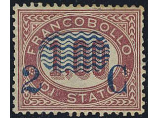 Italy. Michel 33 (★), 1878 New value overprint 2 c / 1 L dark lilac-red. A bit short …