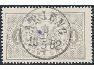 Sweden. Official Facit Tj2 used , 4 öre grey, perf 14. EXCELLENT cancellation ÅRJENG …
