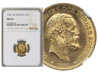 Coins, Sweden. Oskar II, MIS IIIa, 10 kronor 1901. Graded MS64 by NGC. SG44. 01/0.