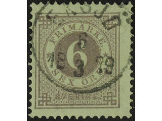 Sweden. Facit 31b used , 6 öre reddish lilac. Superb cancellation EKSJÖ 6.3.1879.