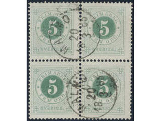 Sweden, Sverige, Sverige, Sverige. Facit 30d used, 5 öre clear green. Block of four …