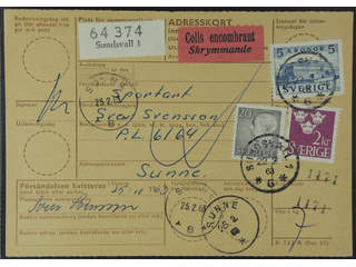 Sweden. Facit 332A, 308, 414 cover , 20 öre + 2+5 kr on address card for bulky cash on …