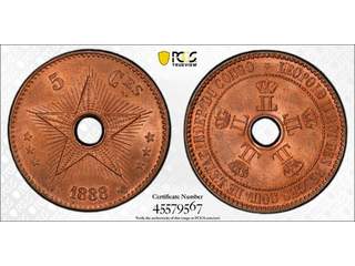 Belgiska Kongo Leopold II (1865-1908) 5 centimes 1888/7, UNC, PCGS MS64 RB