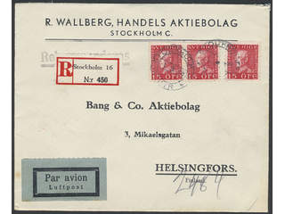 Sweden. Facit 177A cover , 3x15 öre on registered air mail cover sent from STOCKHOLM …