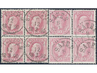 Sweden. Facit 45 used , 10 öre in two blocks of four, cancelled SÄTER 8.1.1887 and …