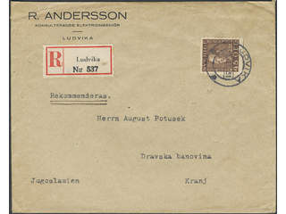 Sweden. Facit 191 on cover, 45 öre, single usage, on registered cover sent from LUDVIKA …