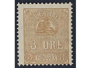 Sweden. Facit 14BN ★ , 3 öre brown, type II reprint perf 13. SEK 800