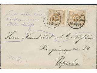 Sweden. Facit 28 cover , 2x3 öre on local cover sent within UPSALA 19.10.1881.