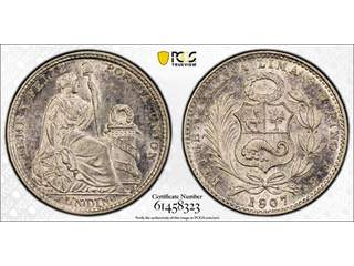 Peru 1 dinero 1907, AU/UNC, PCGS MS62