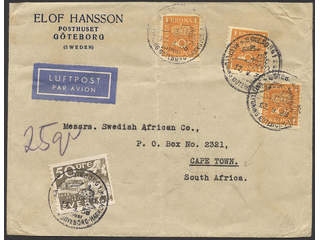 Sweden. Air mail cover Facit 168, 255 , 50 öre + 3×1 kr på brev sänt till Sydafrika, …